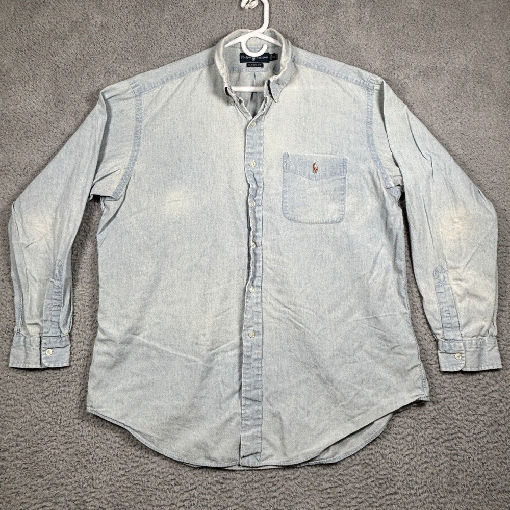 Ralph Lauren VTG Men's XL Light Wash Denim Button Down Long Sleeve Distressed